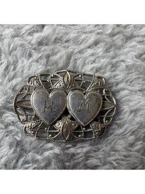 Vintage Brooch Silver Tone Unmarked Monogrammed H M Heart Pin Brooch